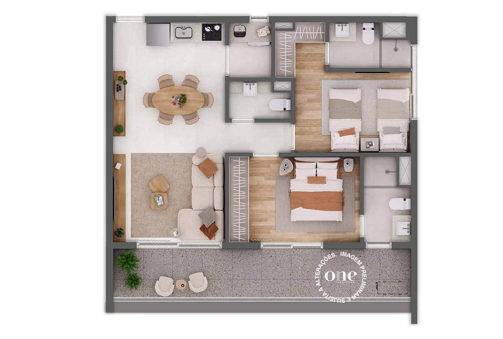 Planta 2 suítes 84 m² Oliie 117